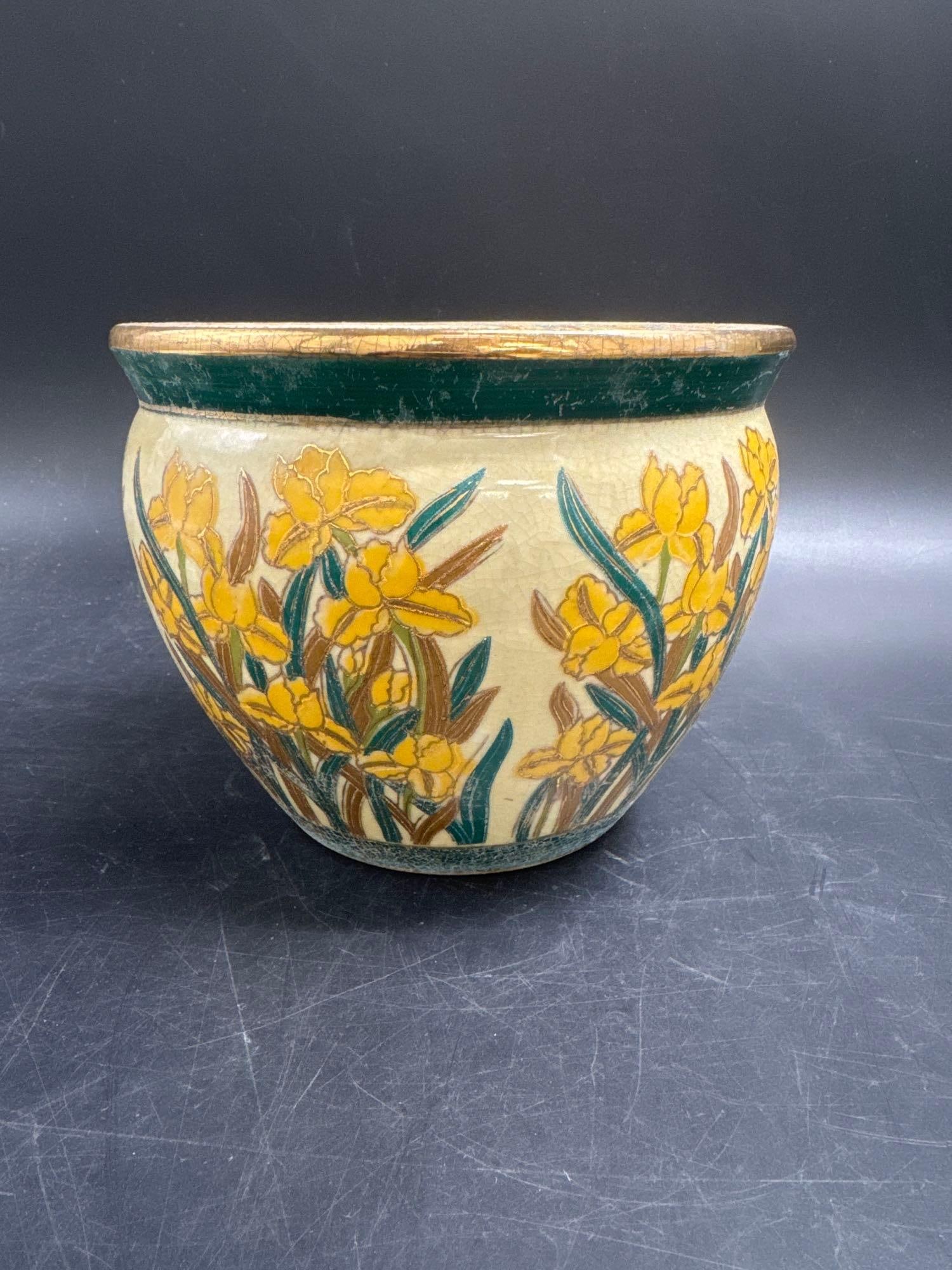 Vintage Chinese Ceramic Planter with Yellow Floral Design (1 of 4)