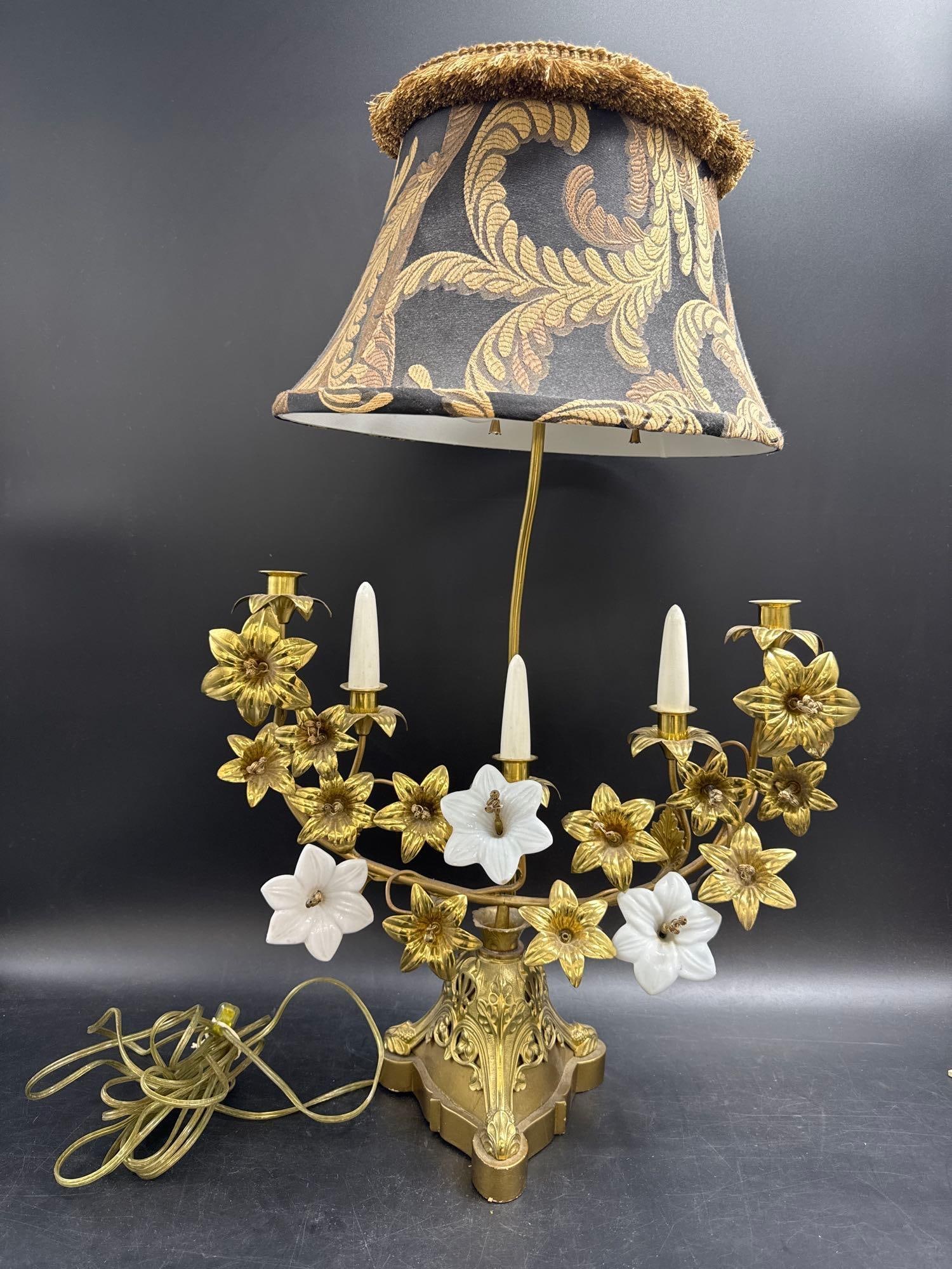 RARE Antique French Gilt Floral Table Lamp with Porcelain Flowers (1 of 5)