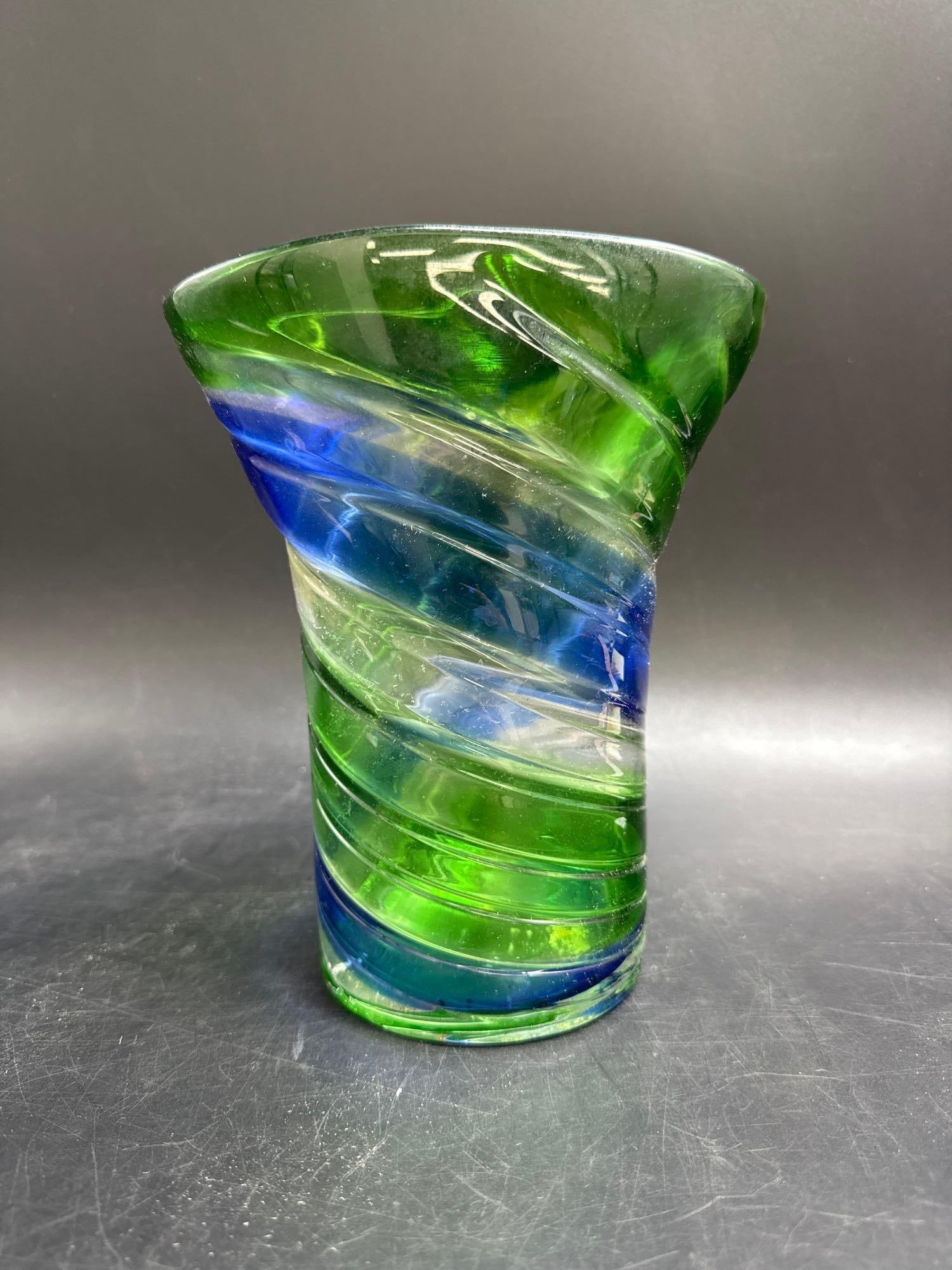 Murano Style Green and Blue Swirl Art Glass Vase (1 of 5)