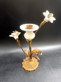 Vintage French Gilt Metal and Porcelain Floral Candleholder