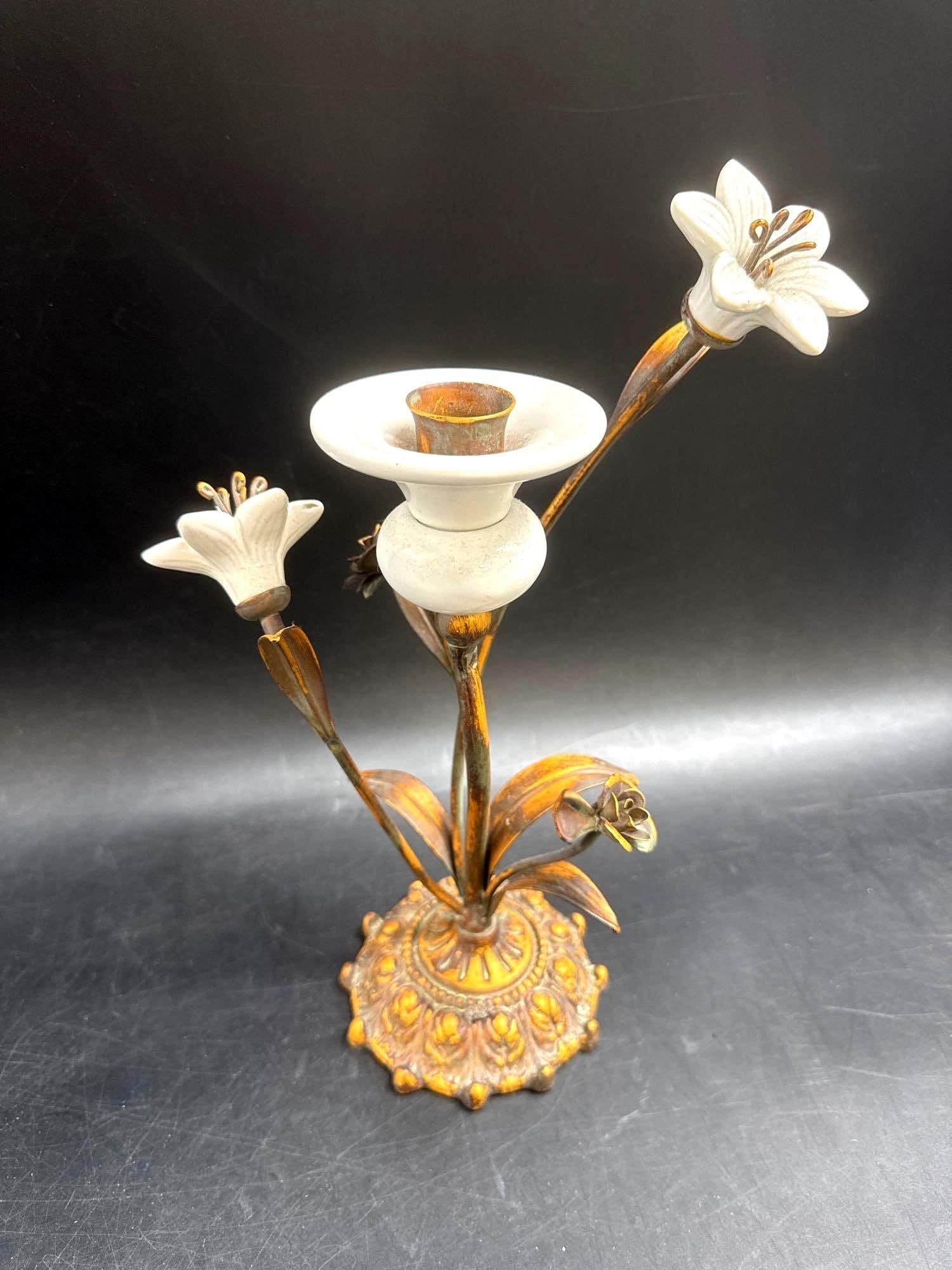 Vintage French Gilt Metal and Porcelain Floral Candleholder (1 of 4)