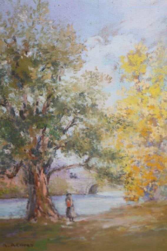 Augusto Acroes(B.1863) Pastel on paper: Pastel on paper landscape painting by Augusto Acores. Dimesnions: H:15in L:12 1/2in