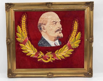 Soviet Textile Portrait of Vladimir Lenin on Red Velvet