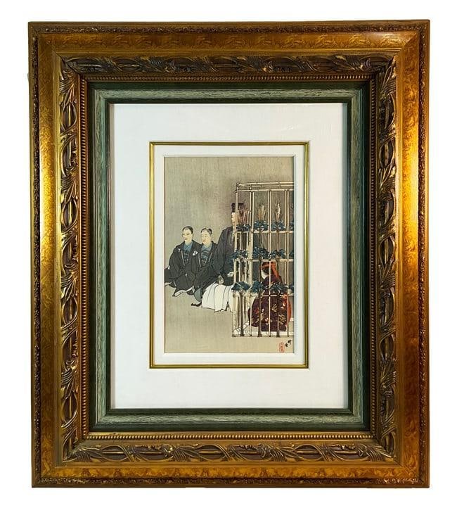 Japanese Ukiyo-e Woodblock Print Kogyo Tsukioka "3 Men in black robes": This Ukiyo-e woodblock print by renowned Japanese artist Tsukioka portrays a serene and solemn scene of three men in black robes. The intricate detailing and skillful use of contrast highlight the rob