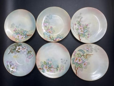 Set of 6 D&C Hand-Painted Porcelain Floral Saucers - French