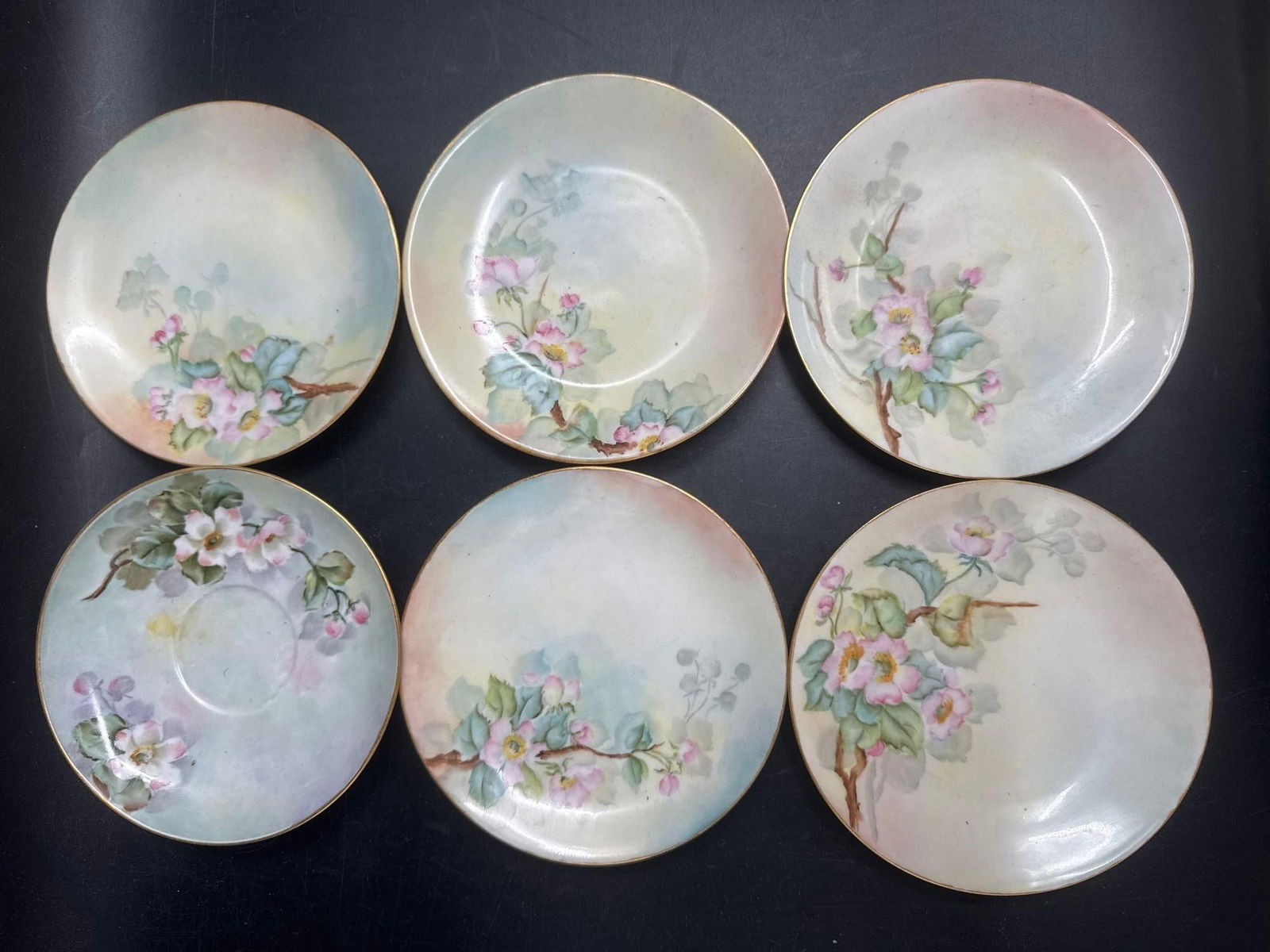 Set of 6 D&C Hand-Painted Porcelain Floral Saucers - French: Lovely set of six porcelain saucers, each hand-painted with delicate pastel floral designs and subtle gilt rims. Each piece features unique brushwork and soft background shading, adding to their charm