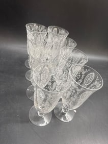 Set of 8 Vintage Etched Glass Goblets with Floral and Scroll Design