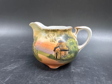 Vintage Hand-Painted Ceramic Pitcher with Cottage Scene
