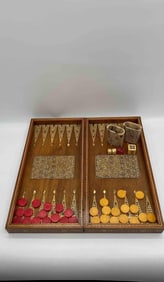 Vintage Inlaid Wood Backgammon and Chess Board with Pieces