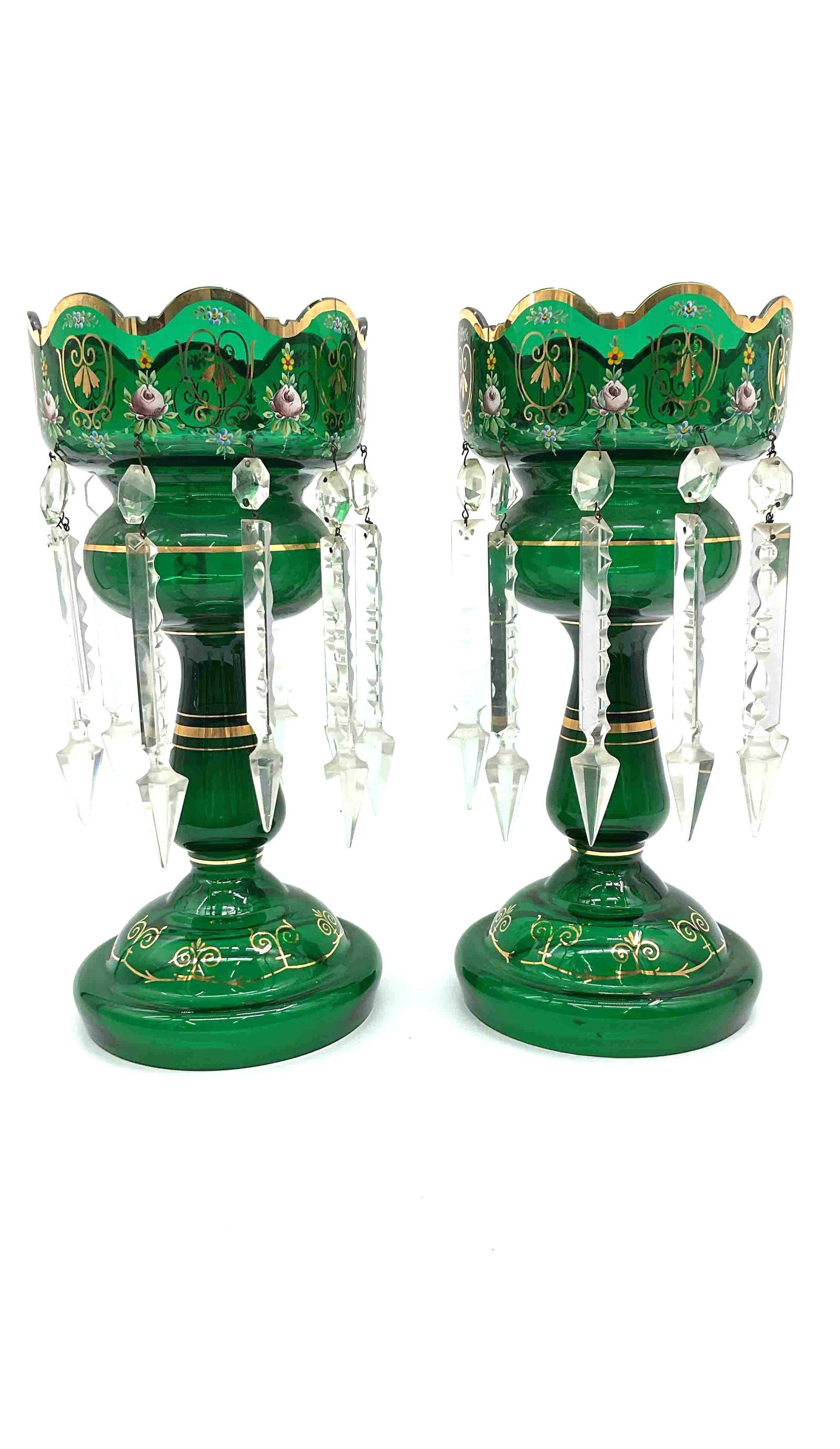 RARE Victorian Mantle Lusters: Pair of green Bohemian glass pedestal lamps with gold and enamel floral decoration, hand-painted, glass medium. Dimensions: 14in Dia6.5in