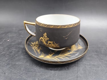 Japanese Porcelain Black & Gold Cup & Saucer