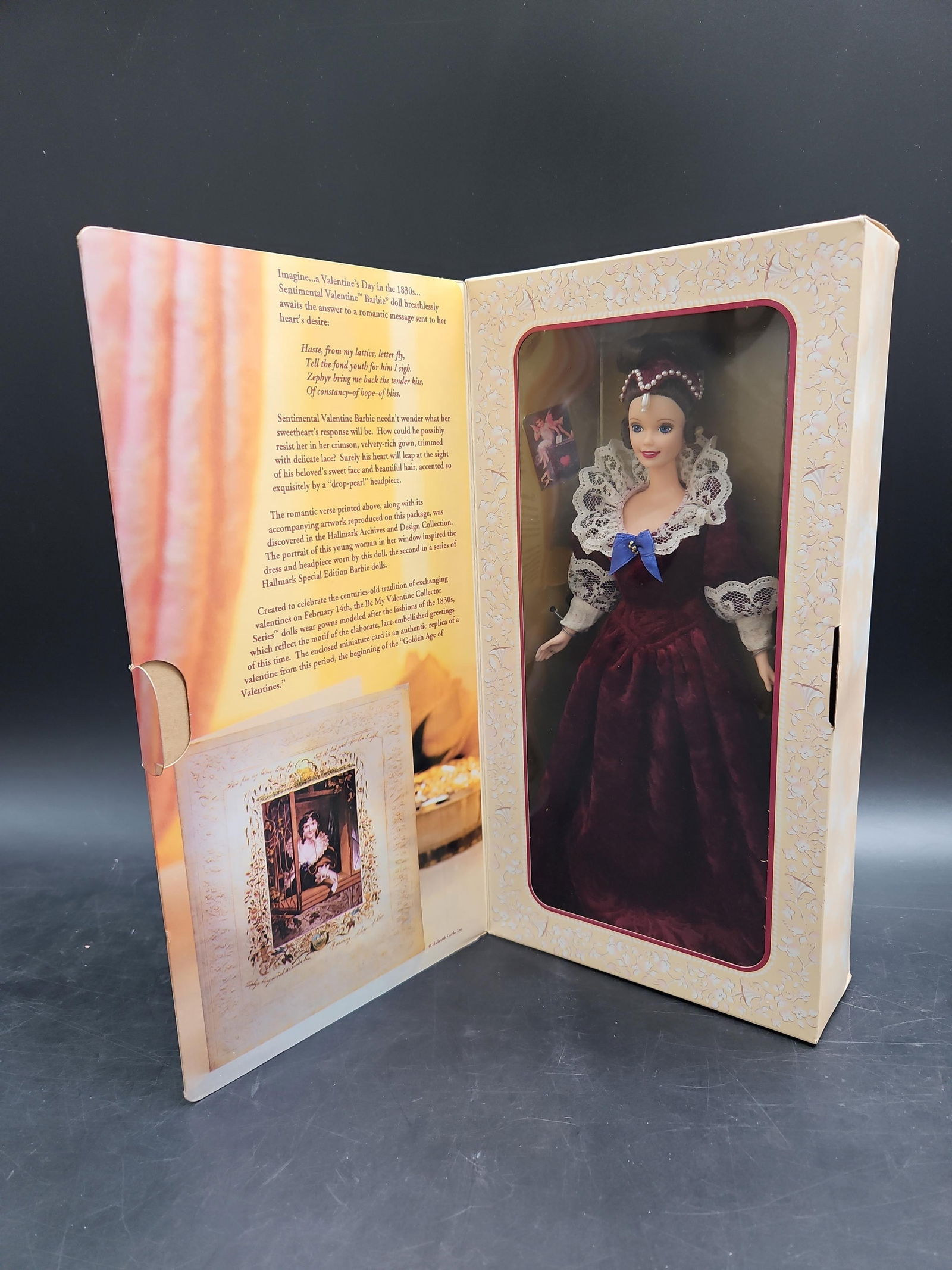 Sentimental Valentine Barbie Special Edition: Collectible Barbie doll from the Sentimental Valentine series, dressed in themed Valentine’s attire, presented in original packaging. Medium: Plastic doll with fabric clothing, boxed box is approx 1