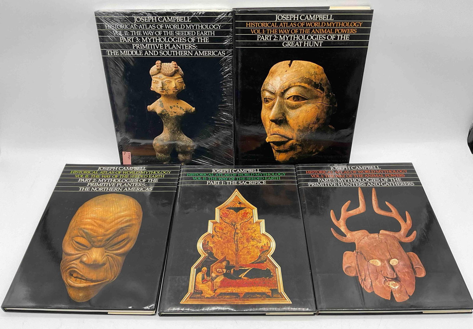Historical Atlas of World Mythology Set by Joseph Campbell: Boxed set of hardcover volumes including Part 1, Part 2, and Part 3: Mythologies of the Primitive Planters, The Middle and Southern Americas, sealed in plastic wrap Dimensions: L14in W11in