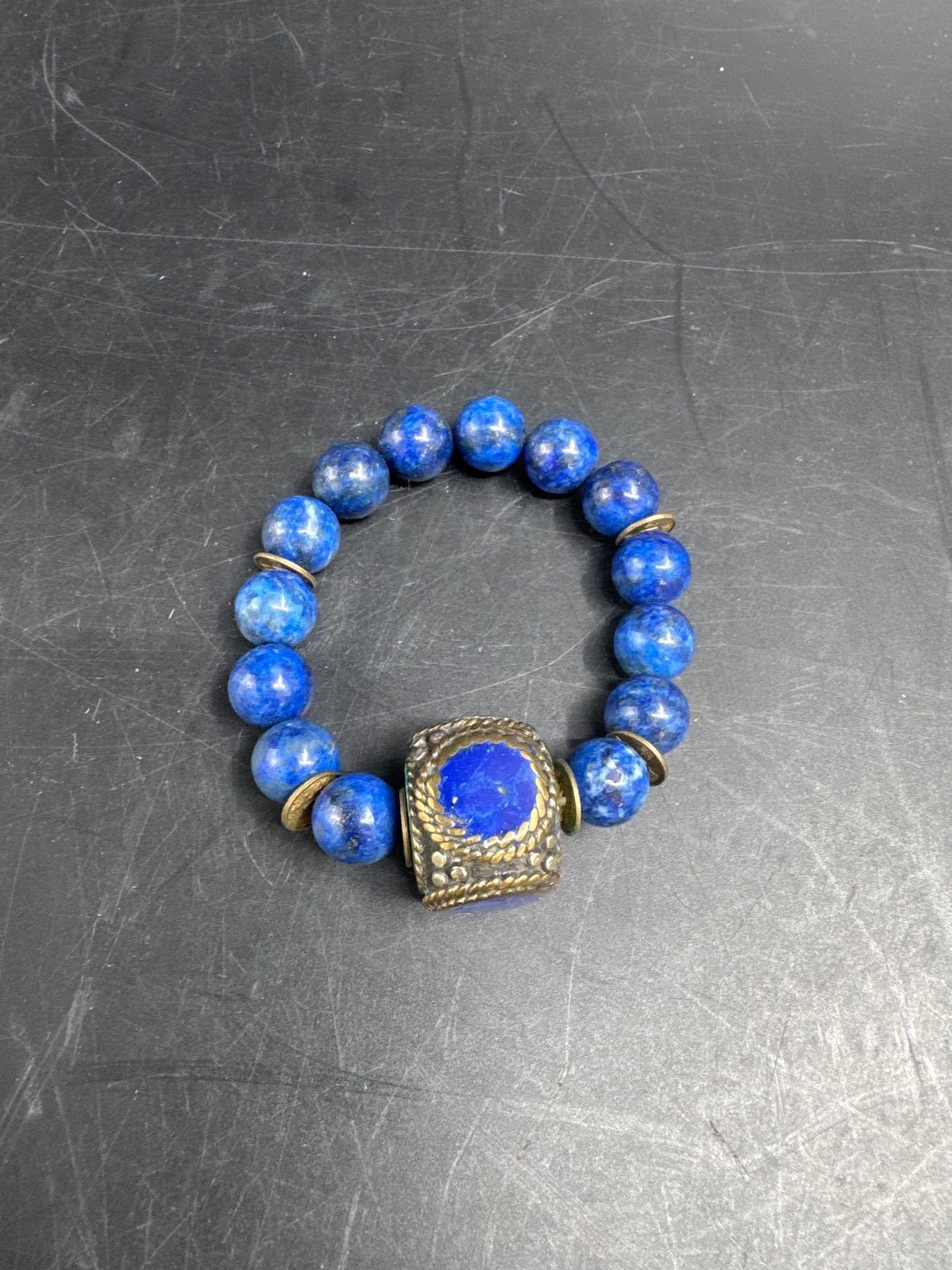 Lapis Lazuli Beaded Bracelet with Ornate Centerpiece (1 of 1)