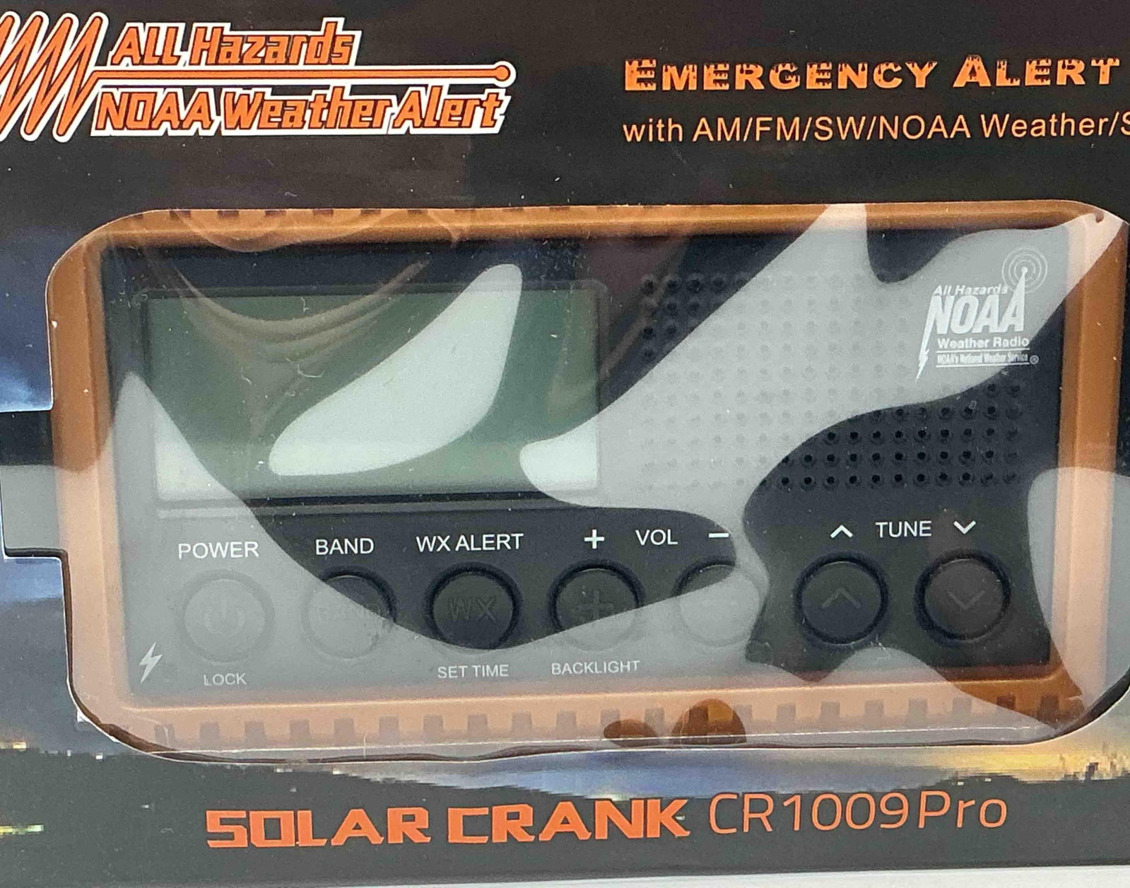 Star Rank CR1009Pro Emergency Alert Radio: All Hazards NOAA weather alert emergency radio, model CR1009Pro by Star Rank. Features AM/FM/SW radio, NOAA alerts, solar panel, hand crank, and flashlight. Designed for emergency preparedness and por