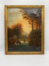 Antique Romantic Landscape with Figures by a Stream Oil Painting
