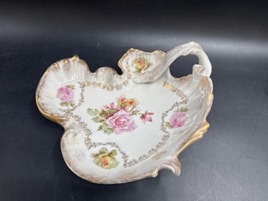 Antique Porcelain Floral Dish with Gilt Trim