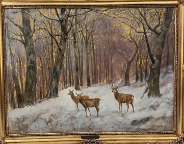 Deer in a Snowy Forest, Signed Olgyay F 1872-1929