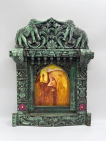 Hand-Carved Indian Wall Shrine with Surrealist Painting