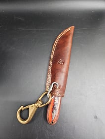 Custom Damascus Steel Knife with Leather Sheath and Key Clip