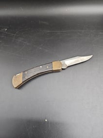 Buck 110 Folding Hunter Knife with Brass Bolsters and Wood Inlay
