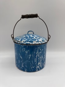 Antique Blue and White Enamelware Lidded Bucket