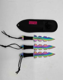Set of Three Perfect Point Rainbow Finish Throwing Knives with Sheath