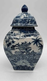 Blue and White Lidded Porcelain Jar with Scenic Motif