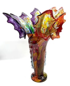RARE Murano Hand-Blown Art Glass Vase with 8 Sculpted Glass Flowers - Artist Unknown