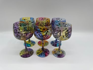 Set of Hand-Painted Colorful Goblets - Signed, Artist Unknown