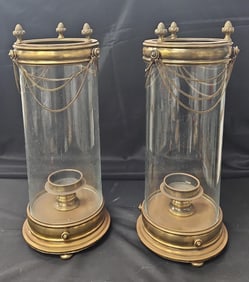 Pair of Vintage Brass and Glass Hurricane Lamps