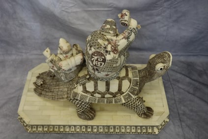 Oriental Hand Carved Turtle with Fishermen