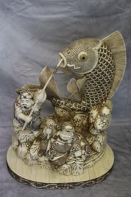 Oriental Hand Carved Fishmonger with Fish