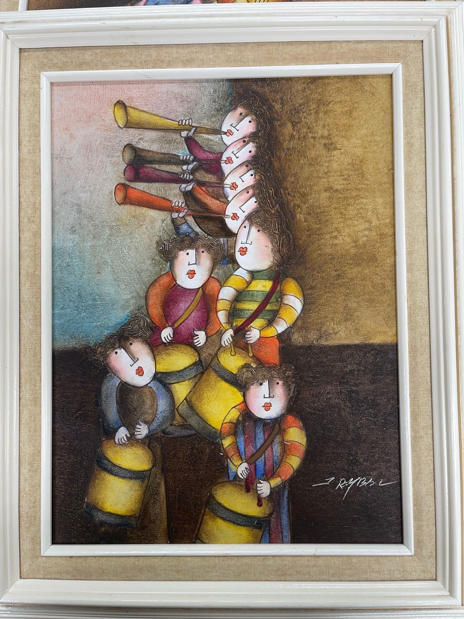 Parade of Sound by Roybal Oil on Canvas: Playful composition of seven children in vibrant outfits, joyfully playing drums and horns in a festive, stylized march Dimensions: H21in L17in Medium: Oil on canvas