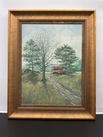 Vintage Landscape Painting with Rustic Barn