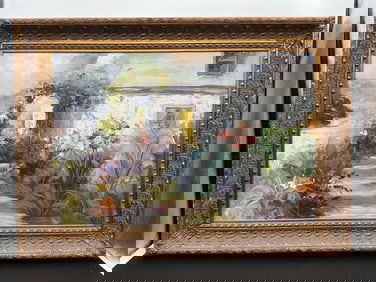 Impressionist Garden Scene with Cottage Oil on Canvas