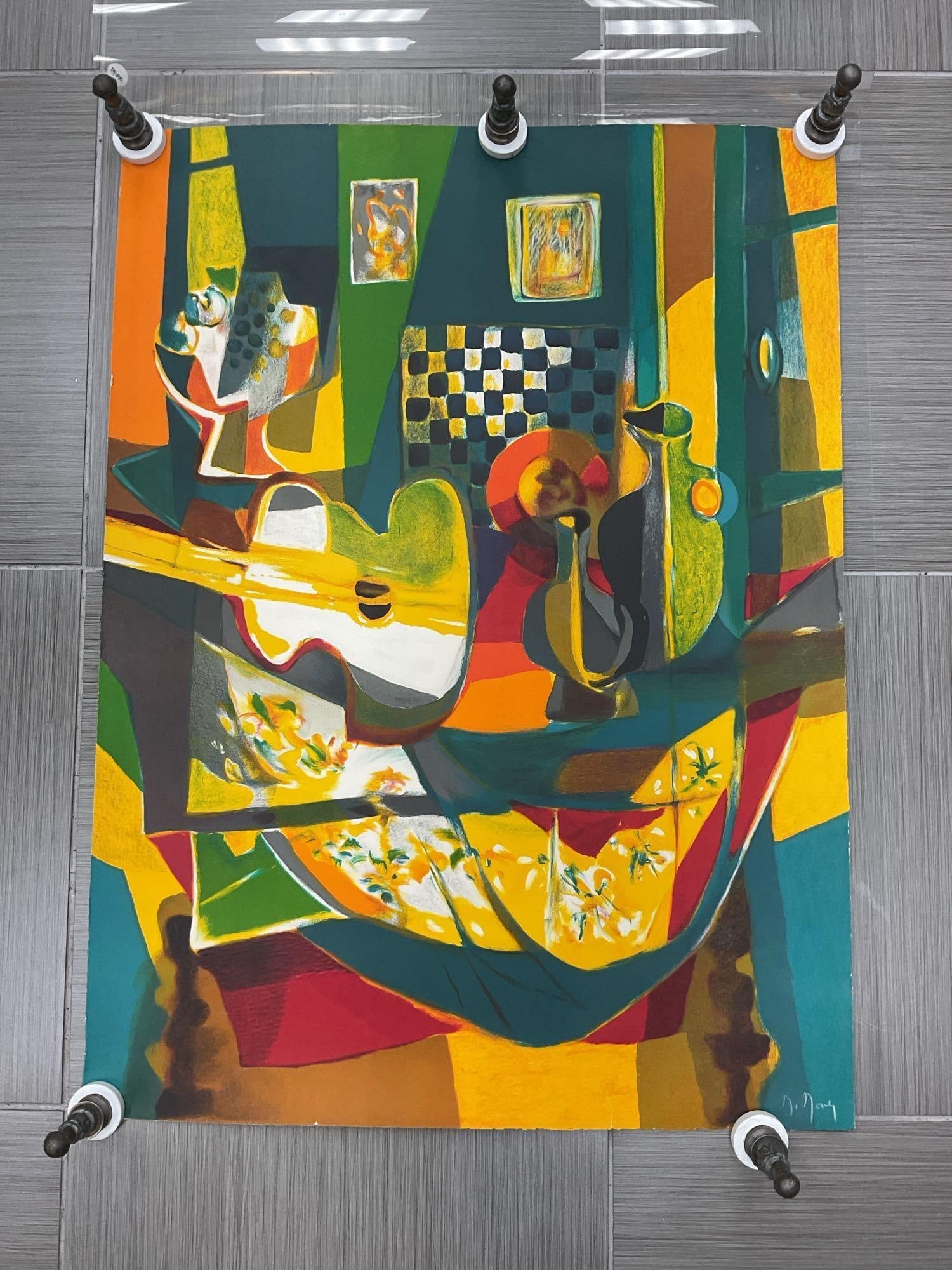 Guitare et Damier Sur Nappe Fleurie by Marcel Mouly: Vibrant 1991 embossed color lithograph by Marcel Mouly featuring a Cubist-inspired interior scene with a guitar, checkerboard wall, and floral-patterned tablecloth. Bold geometric shapes and bright co