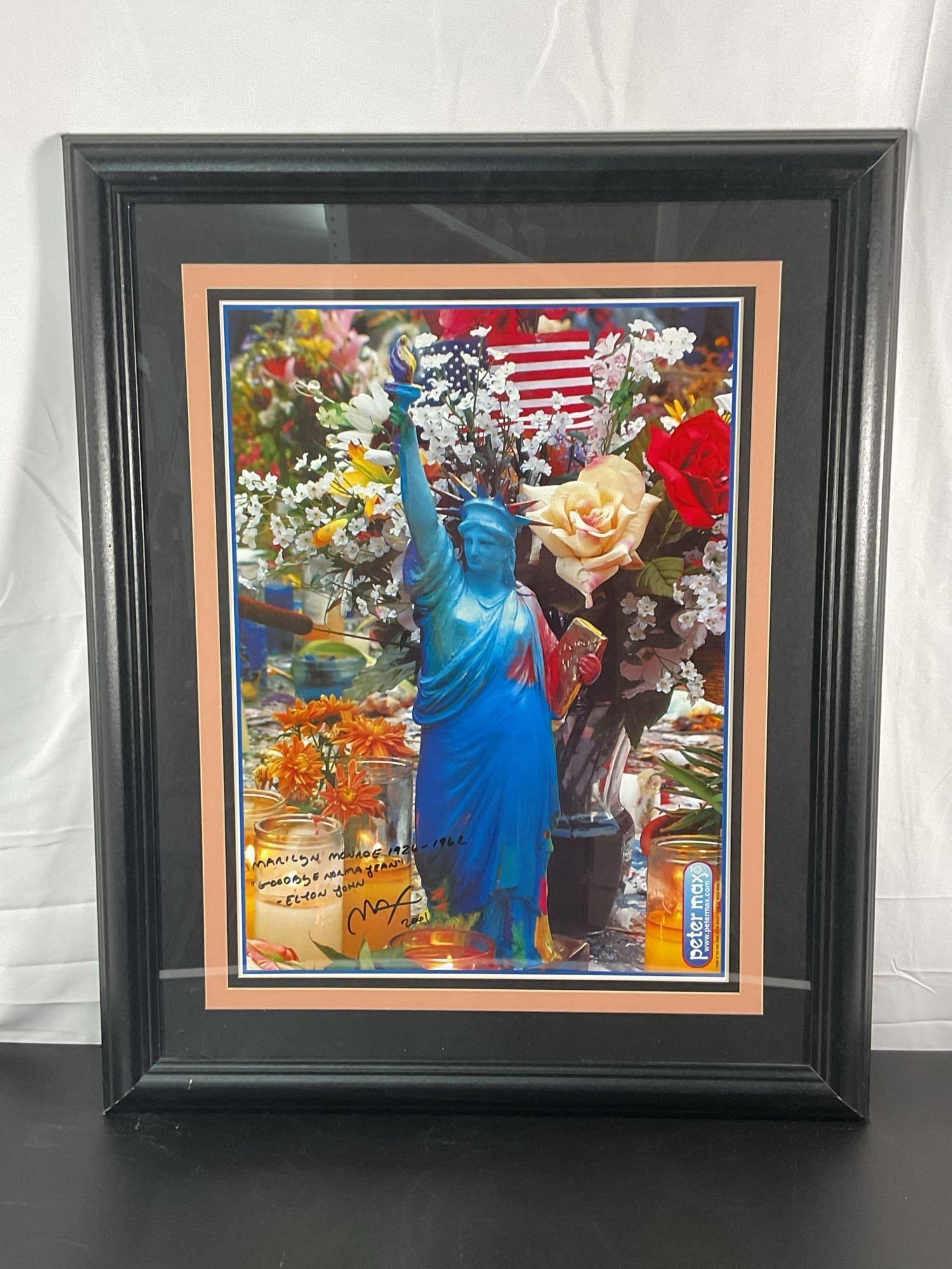 "Land of the free, home of the brave" By Peter Max: Titled "Land of the free, home of the brave" by Peter Max (German/American, b.1937). This piece was created to commemorate 9/11. It includes a handwritten dedication referencing Marilyn Monroe