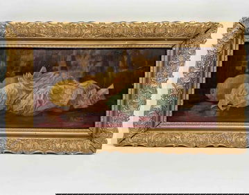 Still Life Painting by M. McLean – Fruits and Fabrics in Ornate Frame