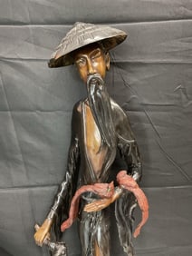 Large Bronze Sculpture of Asian Man with Hat