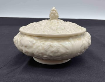 White  Belleek Parian China from Ireland - Ceramic Lidded Dish with Grape Finial