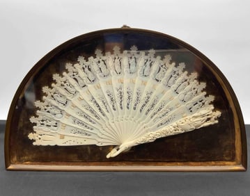 Antique Carved Decorative Fan in Display Case