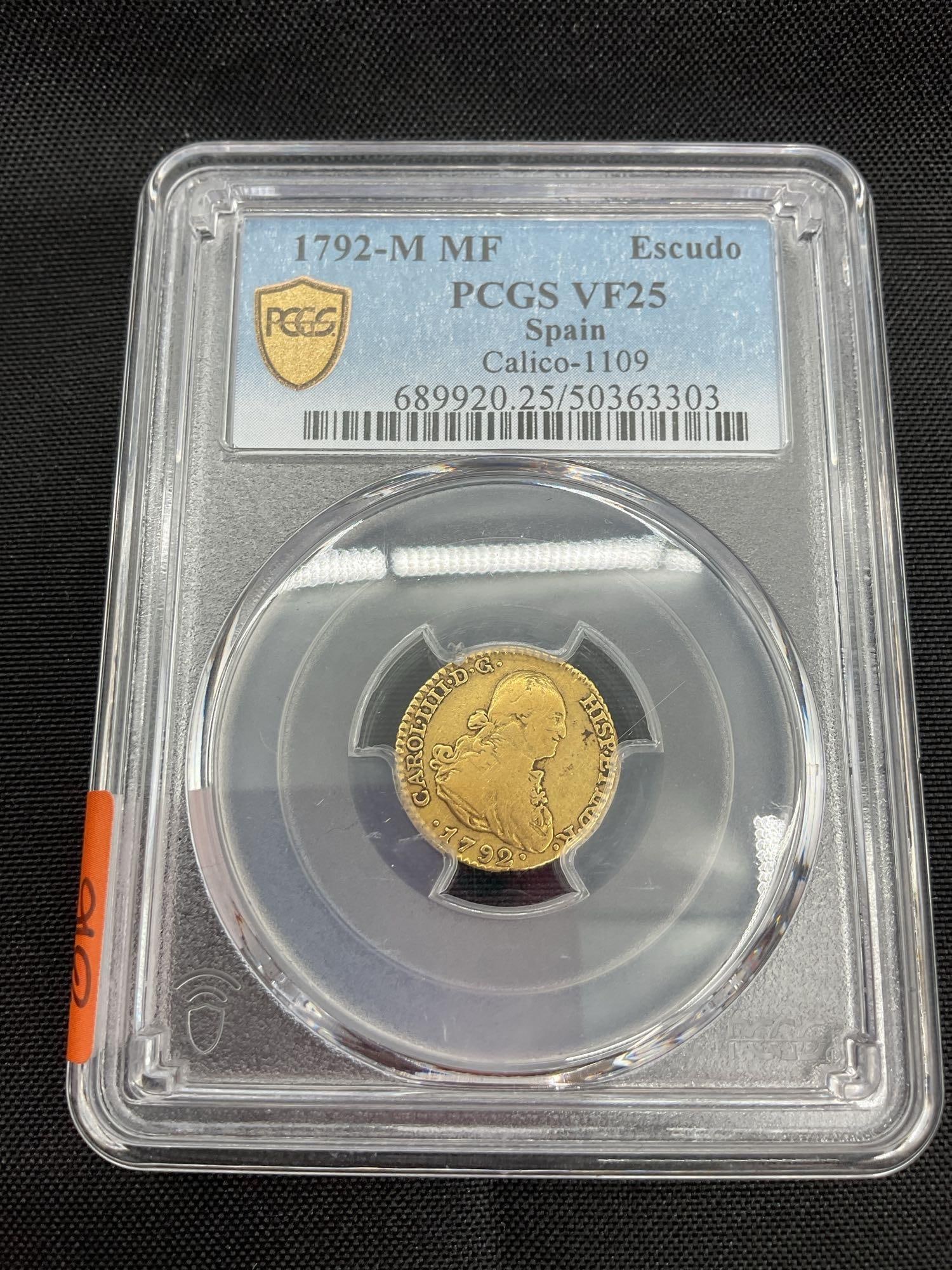 1792 M Mf Spain 1 Escudo Gold PCGS VF25: Graded 1792 Spanish gold 1 escudo PCGS VF25. Contains 3.4g of .875 gold.