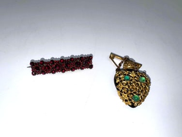 Antique Garnet Brooch (1800s) & Ornate Gilt Czech Filigree Perfume Pendant with Green Stones