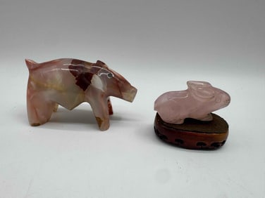 Two Carved Stone Animal Figures: Mexican Onyx Rhino & Chinese Rose Quartz Rabbit