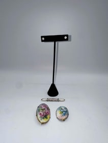 Vintage Floral Hand Painted Jewelry Set: Earrings & Brooches