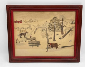 Framed artwork "Logging" by C. B. Allerton, depicting loggers working.