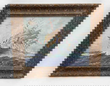 Framed Maritime Painting of a Tall Ship at Sea