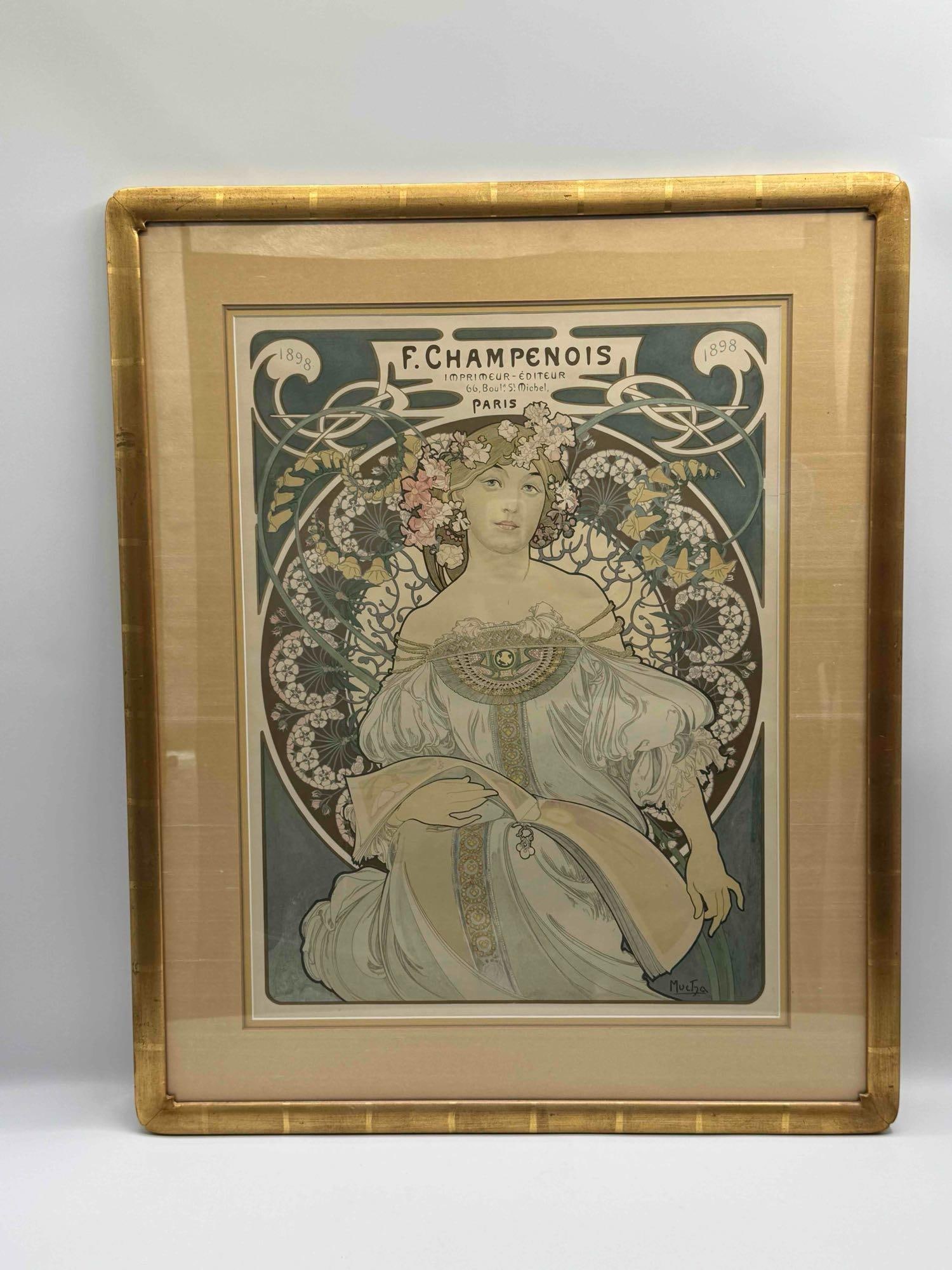 RARE ORIGINAL Alphonse Mucha 'F. Champenois Imprimeur-Editeur' Print: Framed Alphonse Mucha print titled 'F. Champenois Imprimeur-Editeur'. The print features a woman with flowers in her hair, in the Art Nouveau style. Signed 'Mucha' in the lower right. The print is fra