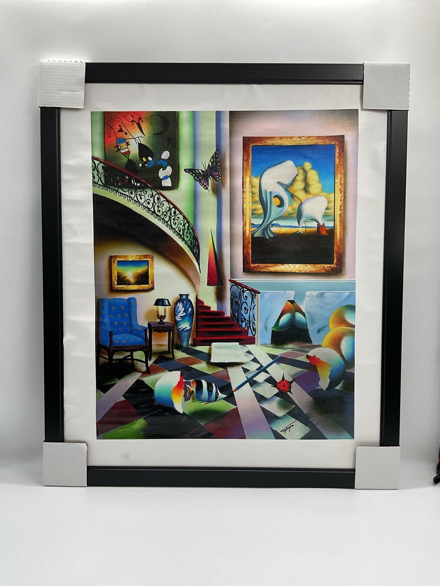 "Surrealist Stairway" by Ferjo (Brazil, b.1946) Giclee: Description: Imaginative and dreamlike giclée on canvas by Ferjo (Fernando de Jesus Oliveira), titled Surrealist Stairway. This vibrant composition features an interior with cascading stairs, surreal